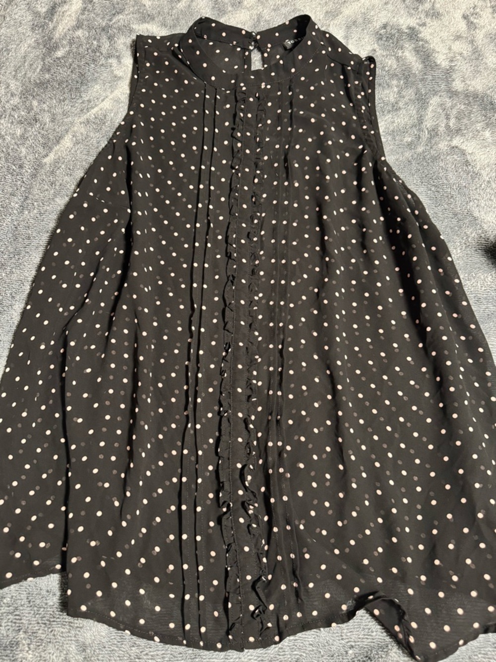 Sleeveless Black & Pink Polka Dot Ruffle Front Blouse